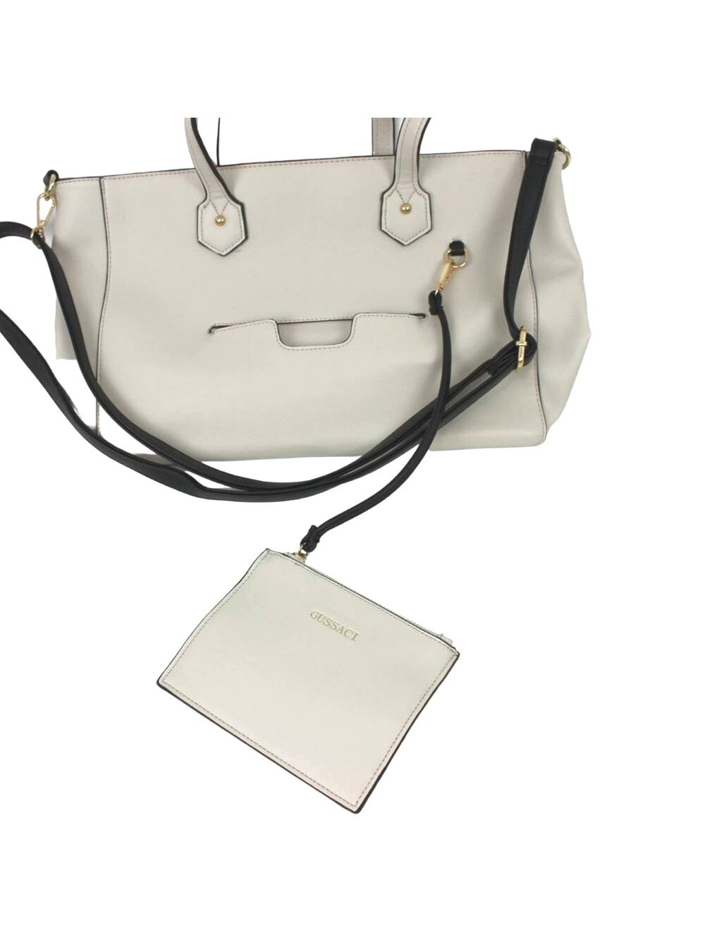 Gussaci Women's Large Tote Shoulder Handbag Minimalist Neutral Cream Black Trim